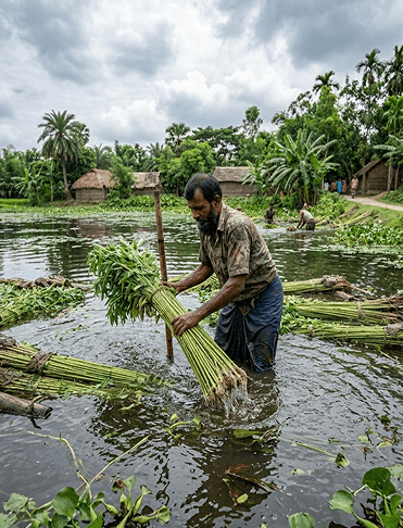 Bangladeshi farmer harvesting golden jute fiber in river waters